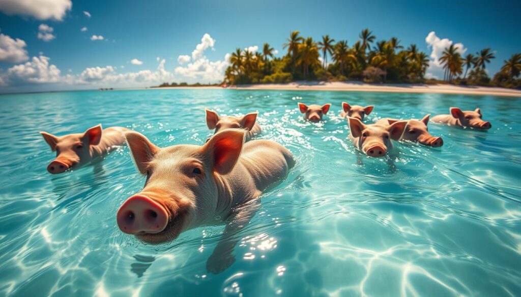 Schwimmende Schweine auf den Bahamas Schwimmende Schweine auf den Bahamas
