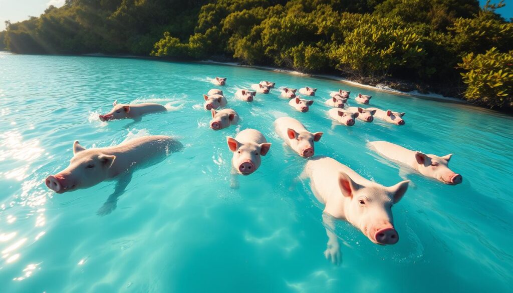 Schwimmende Schweine auf den Exumas